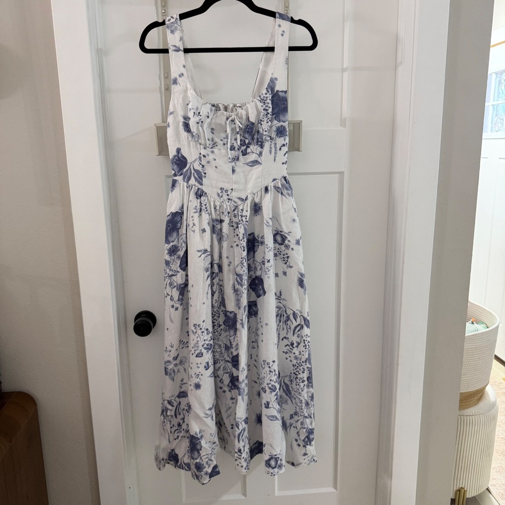 Reformation Balia‎ Linen Midi Dress Lupine Blue Floral Toile Smock 2 Cottagecore